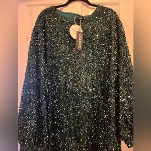 Green Long Bubble Sleeve Sequin Dress